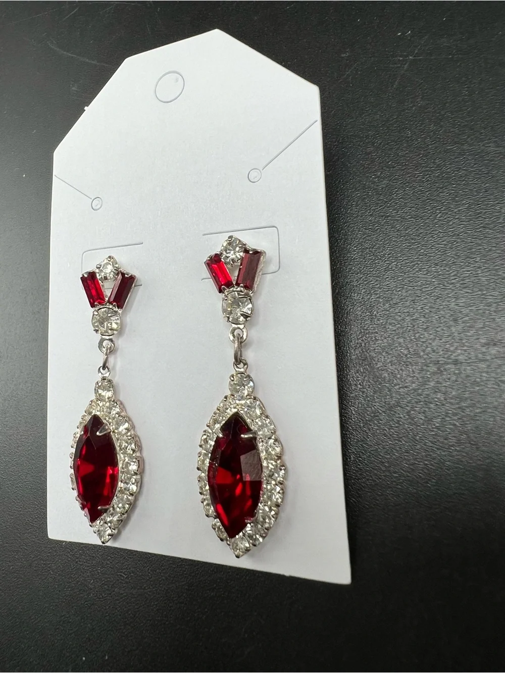 Vtg Red Rhinestone Dangle Earrings Silver Tone Marquise Glass Stones Art Deco